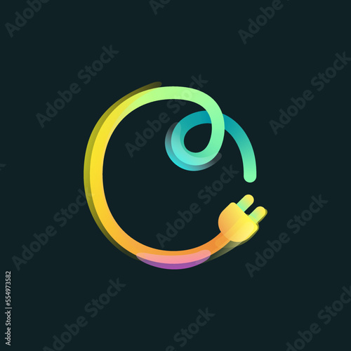 Letter O logo made of curved vivid gradient line with plug icon and rainbow shine.