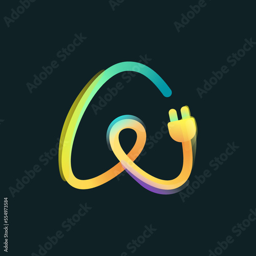 Letter A logo made of curved vivid gradient line with plug icon and rainbow shine.