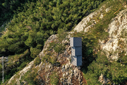 Drone photograph with suspended mountain shelter in Hasmas mountains, Romania photo