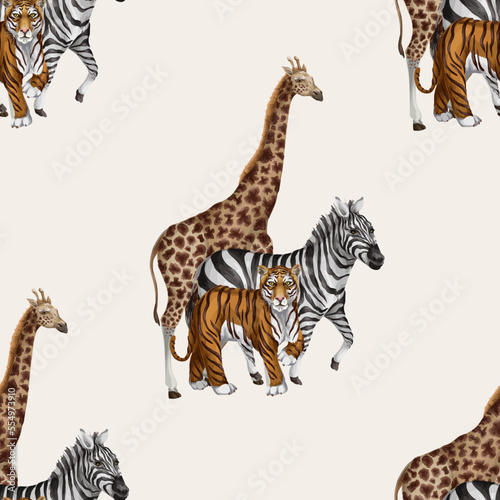 Seamless pattern with tiger, zebra and giraffe. Vector. © Yumeee
