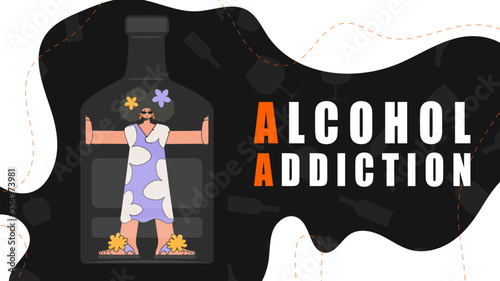 Banner Alcohol addiction. The girl is a hostage inside the bottle.