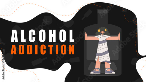 Banner Alcohol addiction. Woman inside the bottle.