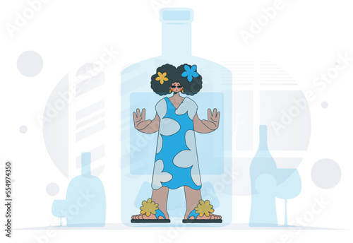 The concept of alcohol addiction. The girl is a hostage inside the bottle.