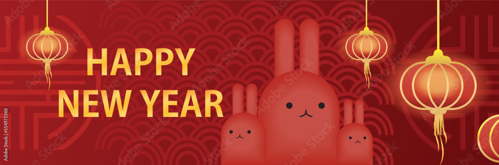Cartoon rabbit family against the red background with traditional chinese decorative shapes with hanging glowing red paper lanterns. Chinese new year vector banner design. Cartoon rabbit family against the red background with traditional chinese decorative shapes with hanging glowing red paper lanterns. Chinese new year vector banner design.