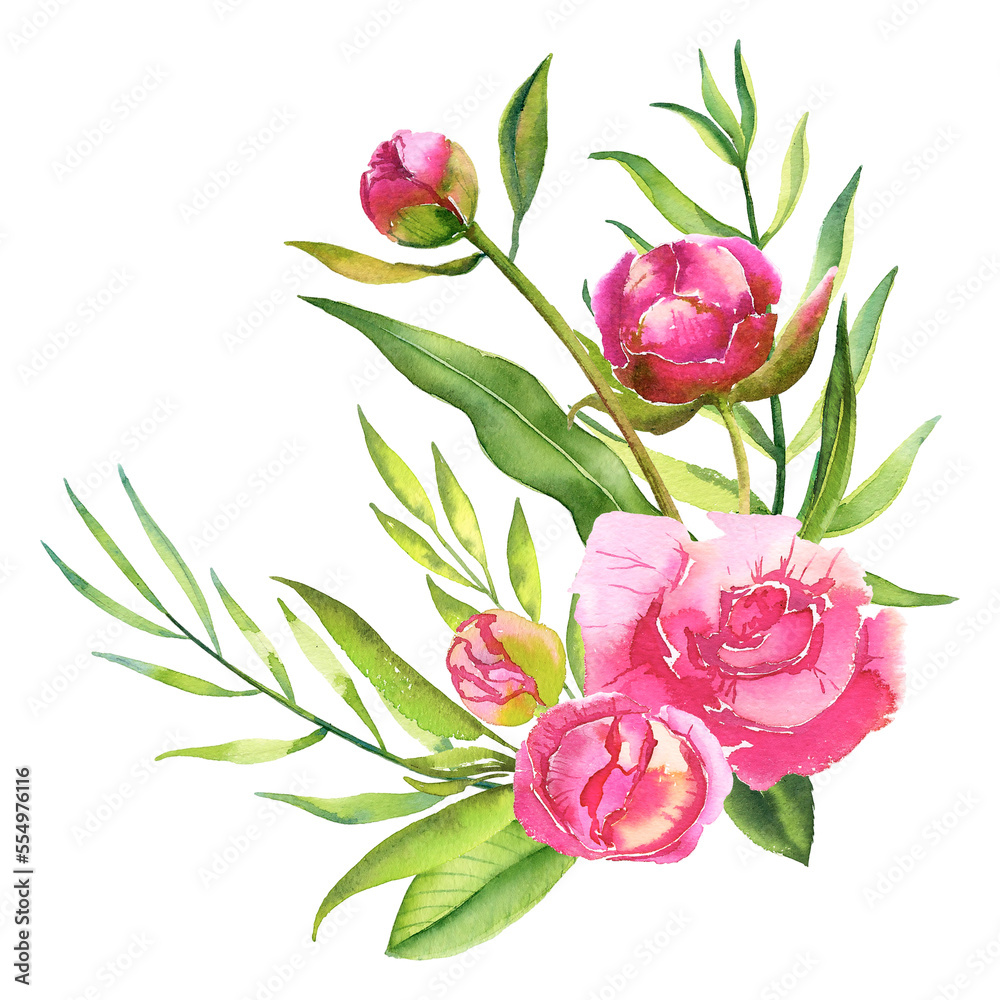 Watercolor Pink Peonies Greenery For Wedding Invitations Spring Flowers Inflorescences