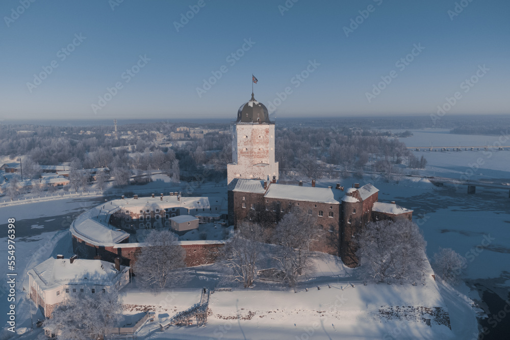 Ancient Vyborg castle in winter. Aerial view