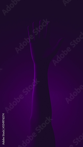 Close-up of a raised hand. Purple illumination.