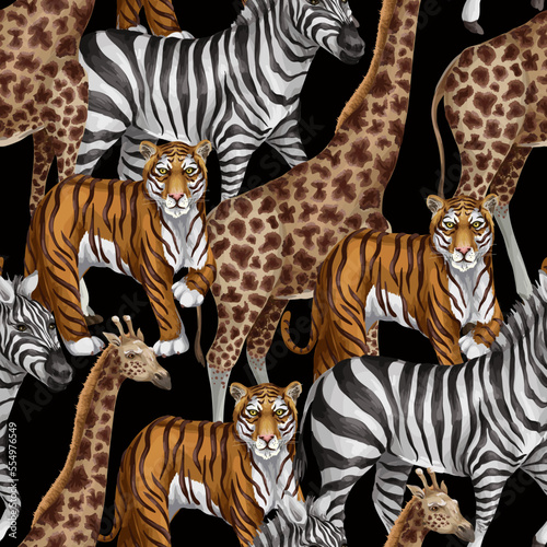 Seamless pattern with tiger, zebra and giraffe. Vector.