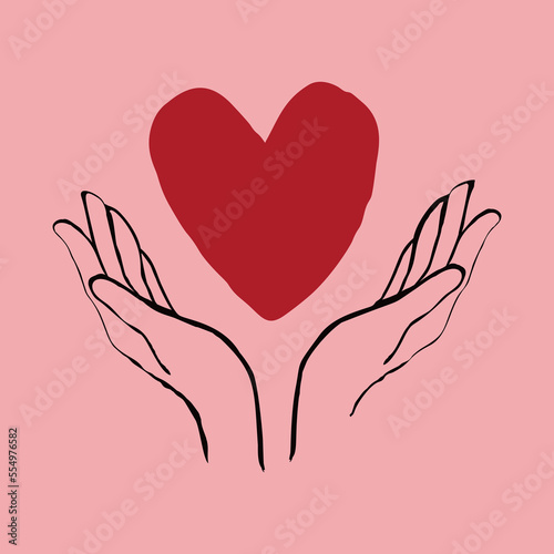 Valentine's Day card with a heart in hands. modern doodle style vector illustration