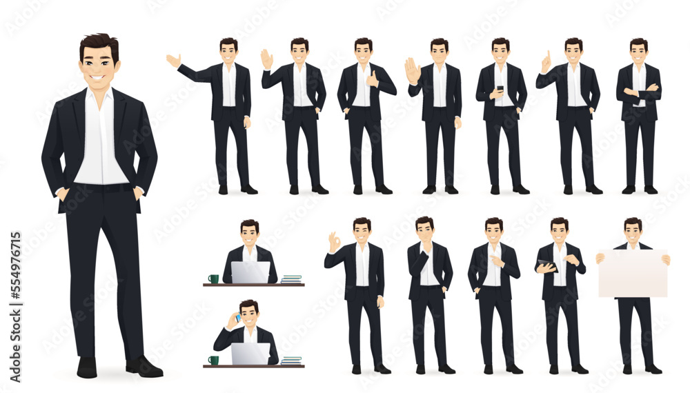Asian business young man in black suit. Different poses set. Various gestures male character standing and sitting at the desk isolated vector illustration Asian business young man in black suit. Different poses set. Various gestures male character standing and sitting at the desk isolated vector illustration