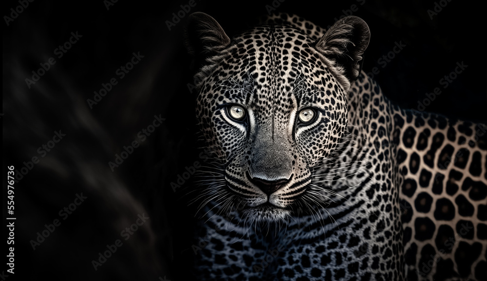 Majestic Leopard. Portrait of leopard on black background. Predator series. Danger concept. digital art	 - obrazy, fototapety, plakaty 