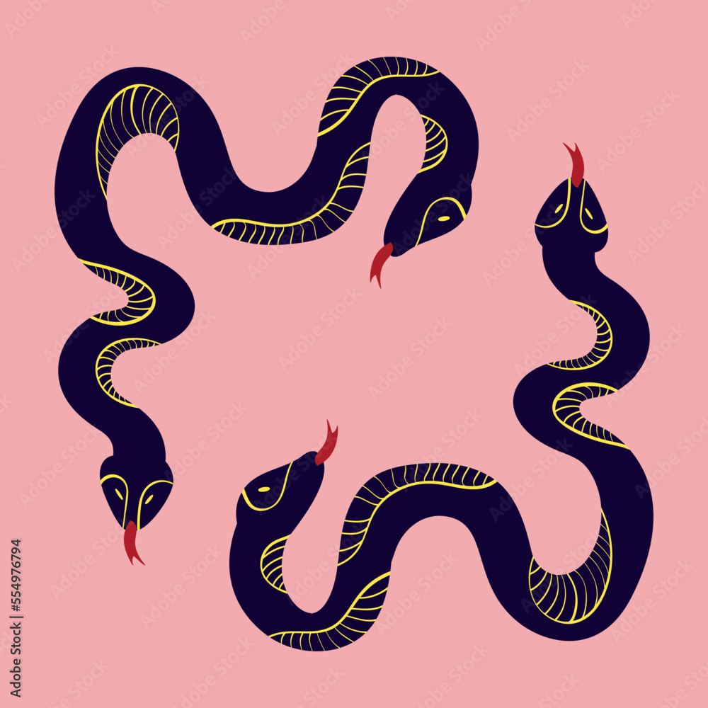 Obraz premium Magic Mystical snakes. Freaky quirky snakes . Card in modern doodle style. Vector illustration