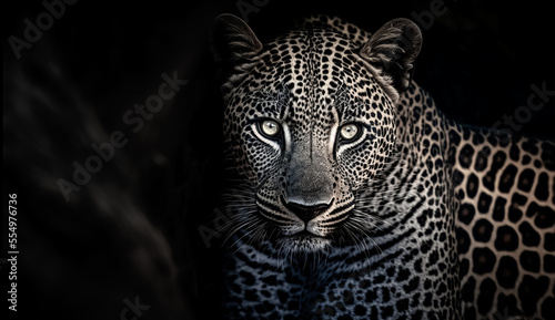 Majestic Leopard. Portrait of leopard on black background. Predator series. Danger concept. digital art	 photo