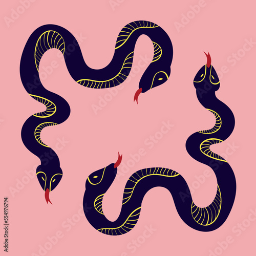 Magic Mystical snakes. Freaky quirky snakes . Card in modern doodle style. Vector illustration