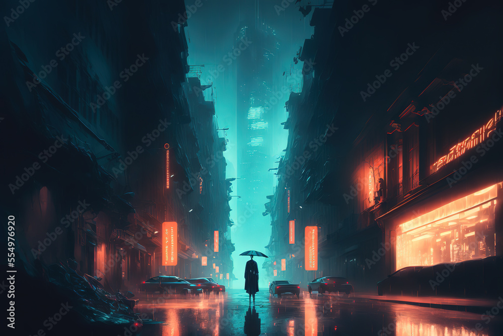 Cyberpunk streets, futuristic city, wallpaper, rain, foggy, dystopia, moody  empty future, art illustration Stock Illustration