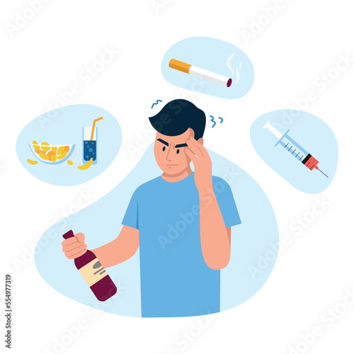 Vector illustration of bad habits. Cartoon scene with a boy who uses a lot of harmful substances like alcohol, cigarettes, drugs and junk food on white background.