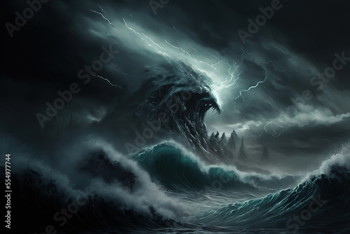 Illustration of a storm in the middle of the ocean with huge waves and grey sky, art illustration