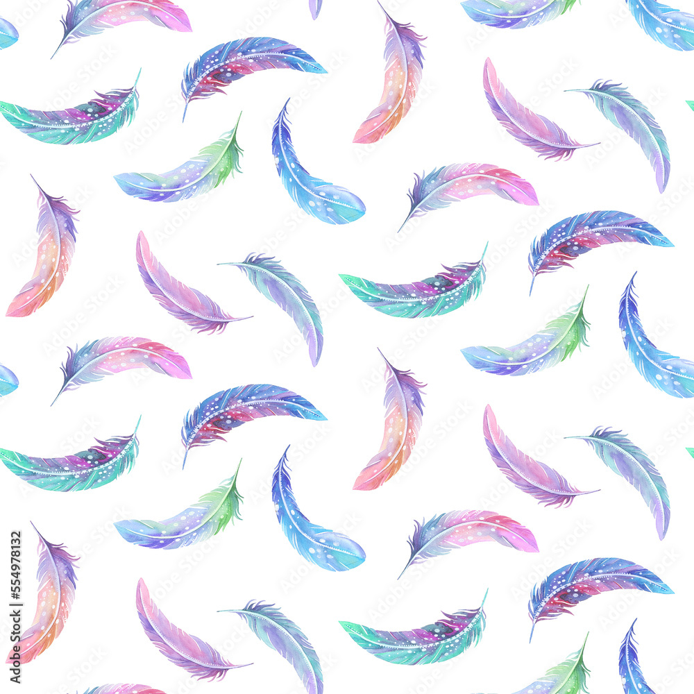 Naklejka premium Watercolor Feathers Colored Crystals Patterns Multicolored