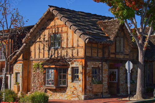 Half-timbered house in Carmel-by-the-Sea at sunlight