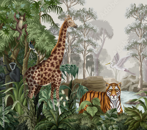 Jungle landscape with wild animals for kids. Vector.