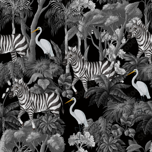 Photography Seamless pattern with zebra, heron and jungle trees. Vector.