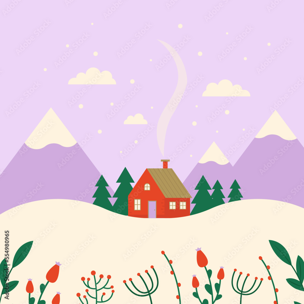 Winter landscape with mountains, house, snowflakes, botanical elements. Christmas vector illustration in flat style.