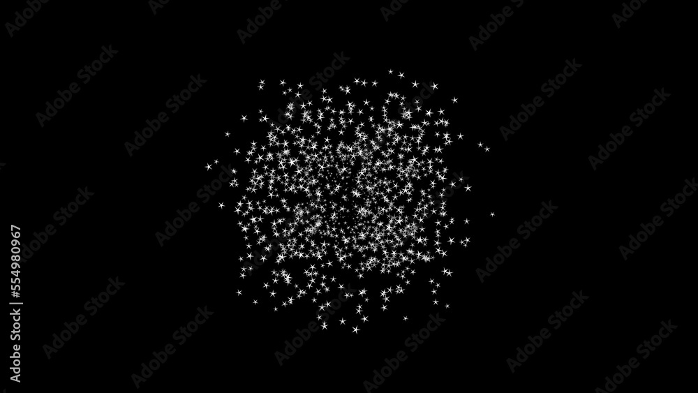 Obraz premium Volumetric 3d stars fly out of the point to the viewer on black background. Abstract festive for advertising, congratulations, text, mother day, Valentine, Christmas