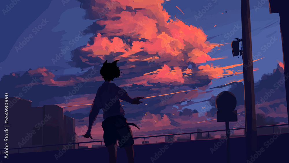 young boy along at midnight anime digital art illustration paint background  wallpaper Stock Illustration | Adobe Stock