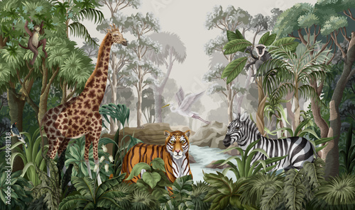 Jungle landscape with wild animals for kids. Vector.