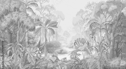 Monochrome jungle landscape. Vector interior print.