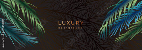 Luxury tropical banner with golden green palm leaves. Linear palm tree branches on black background with leaf veins. Colorful gradient exotic plants