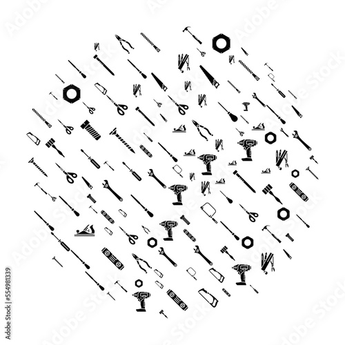Tools and equipment concept in circle with clean and simple icons, Infographic idea of making creative products. Template for website banner, flyer and poster.
