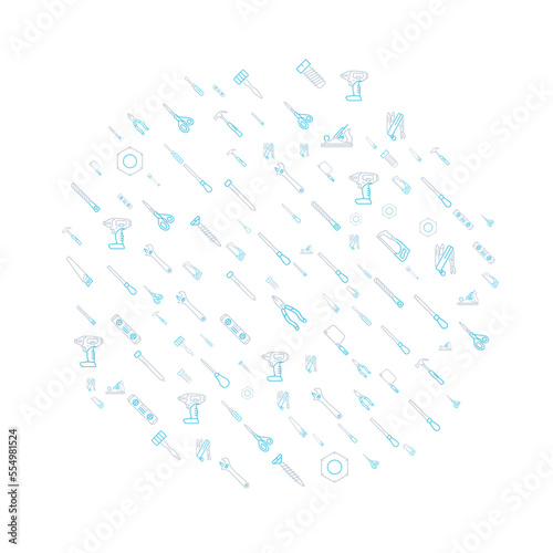 Tools and equipment concept in circle with clean and simple icons, Infographic idea of making creative products. Template for website banner, flyer and poster.