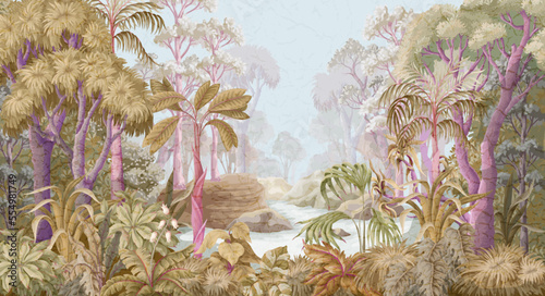 Jungle landscape with trees and plants. Vector interior print