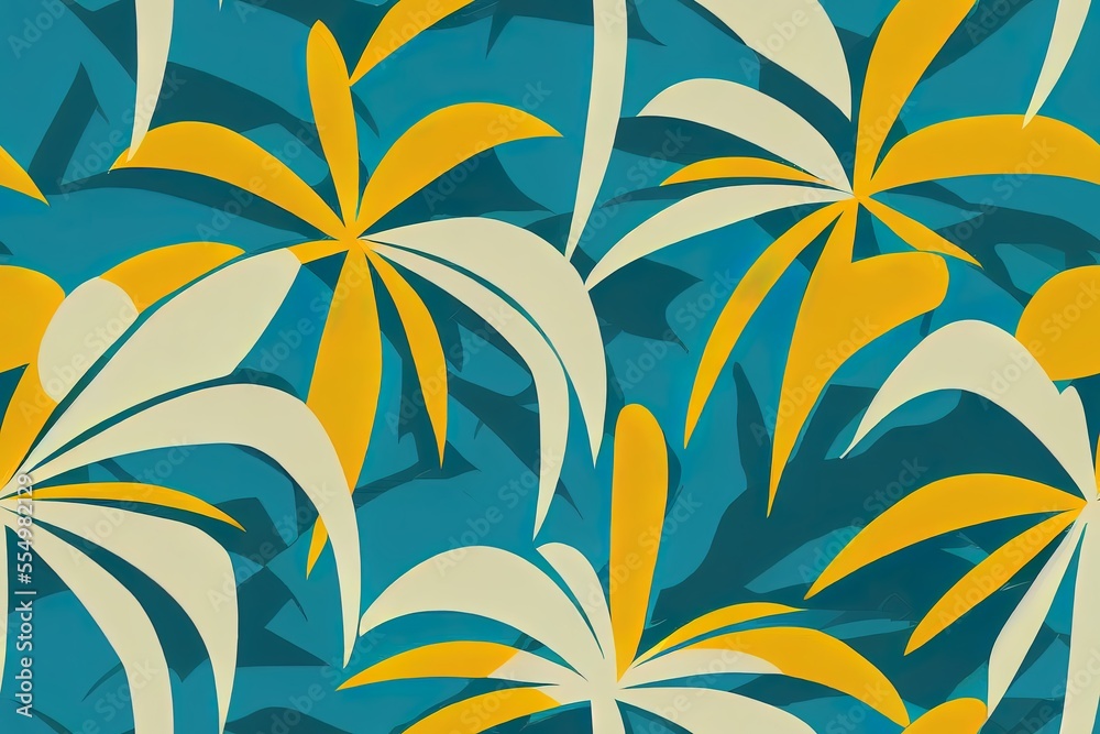 Elegant tropical seamless abstract design. Motive of colorful palm trees, tropical foliage. Generative AI Elegant tropical seamless abstract design. Motive of colorful palm trees, tropical foliage. Generative AI