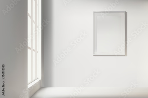 Vector realistic empty room with window and blank picture frame. Indoor interior mockup. Stuido room with light grey walls.