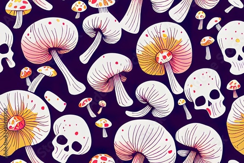 Gathering of patterned fabrics, both woven and printed. Brilliantly Psychedelic Magical Skulls and mushrooms. Fabric with a humorous hand-drawn print design. Artwork in format. Generative AI