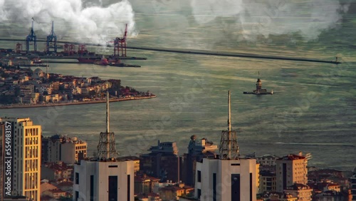 Istanbul awesome aerial video. Istanbul, Turkey: Aerial drone forwarding shot over Galata Tower in Istanbul. Istanbul panoramic view. photo