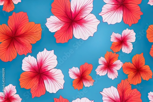 Seamless pattern of tropical palm leaves and bright hibiscus flowers, perfect for the summer season. Generative AI