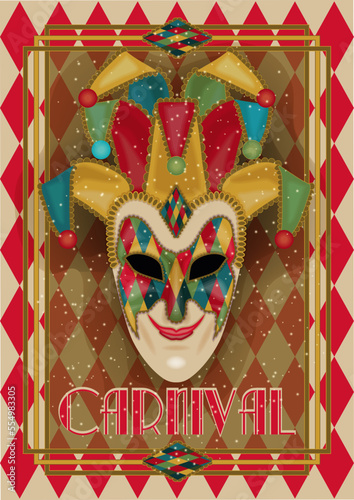 Venice carnival mask, vip congratulation card in art deco style , vector illustration	