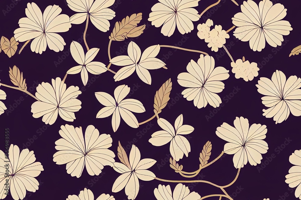 Pattern of flowers, leaves, and a branch; a cute seamless design. Generative AI
