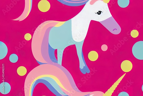 Decorations in pink and white, including a cute unicorn, serve as the backdrop. Generative AI