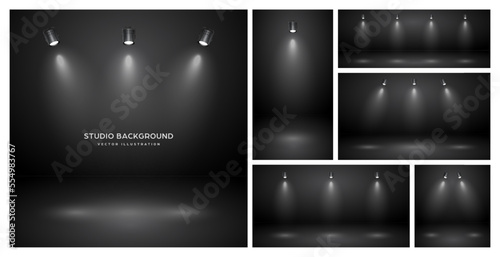 Empty black studio abstract backgrounds with spotlights. Product showcase backdrop with spotlight effect. Stage lighting. Vector illustration