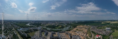 Panorama of Minsk in summer. Drone filming the center of Minsk. View from above on the capital of Belarus. Capital city in Eastern Europe. Architecture of Eastern Europe.