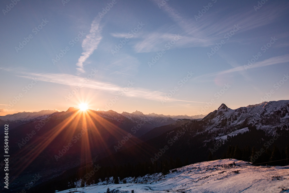 sunrise in the snowy mountains (Vorarlberg, Austria)