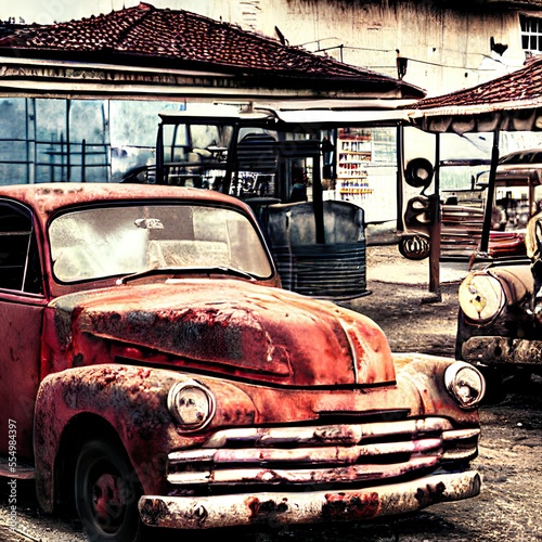 An old  red broken classic car abandoned on the street. Generative ai.