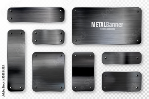 Realistic black metal banners collection. Brushed steel or aluminium plate, panel with screws. Polished metal surface. Old grunge texture with scratches. Vector illustration