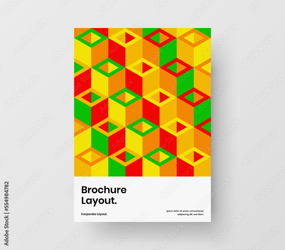 Clean corporate brochure design vector illustration. Abstract mosaic shapes pamphlet template.
