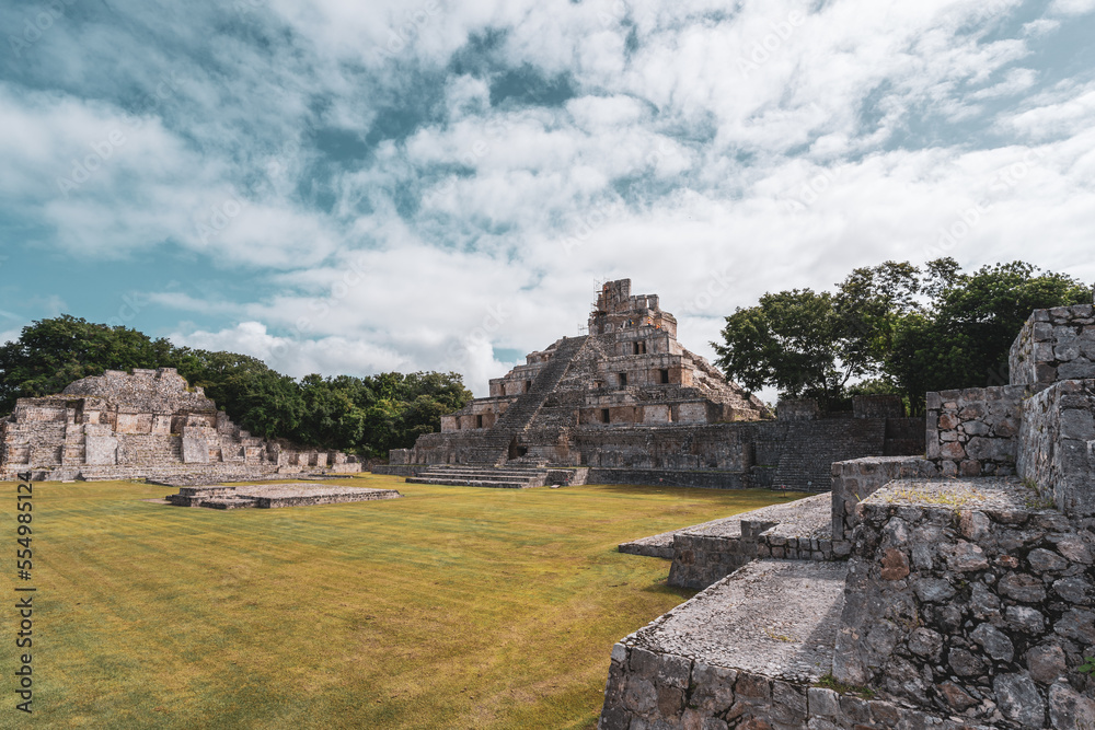 The ruins of a beautiful pyramid in the archaeological zone of Edzna in Mexico.