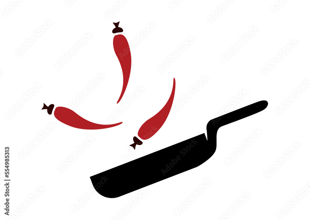 Three spicy chilli peppers on black frying pan. Three spicy chilli peppers on black frying pan.